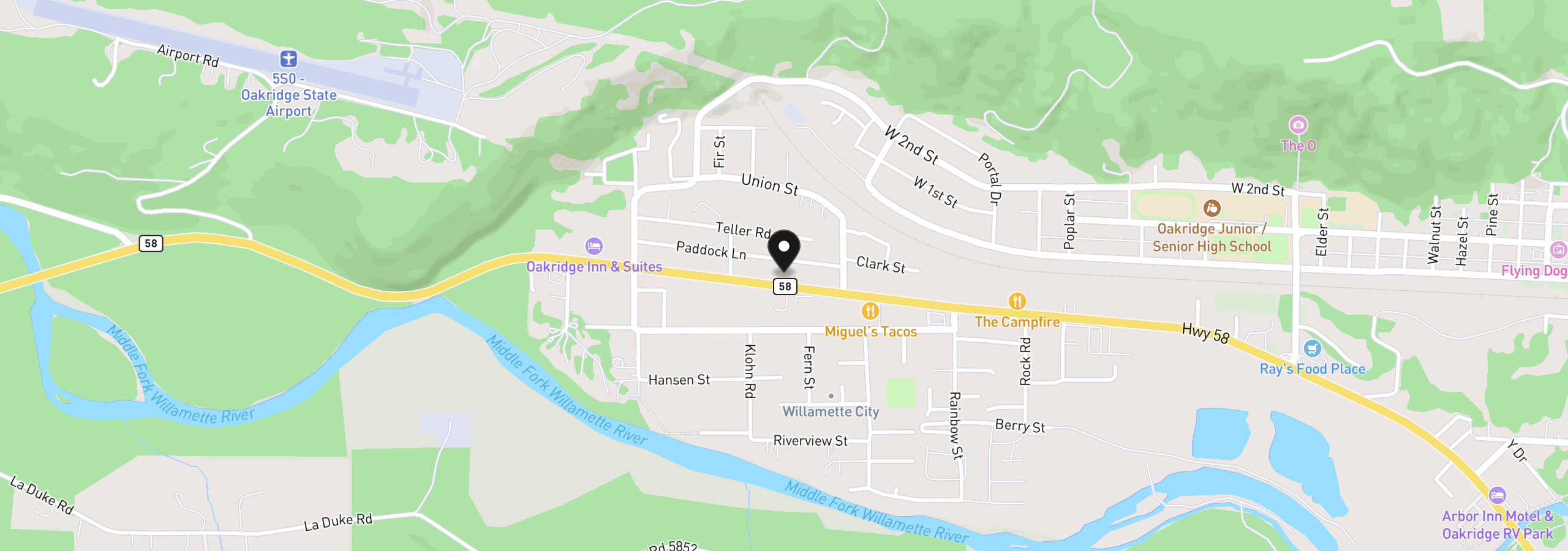 Map showing the location of 47597 Highway 58, Oakridge, OR 97463