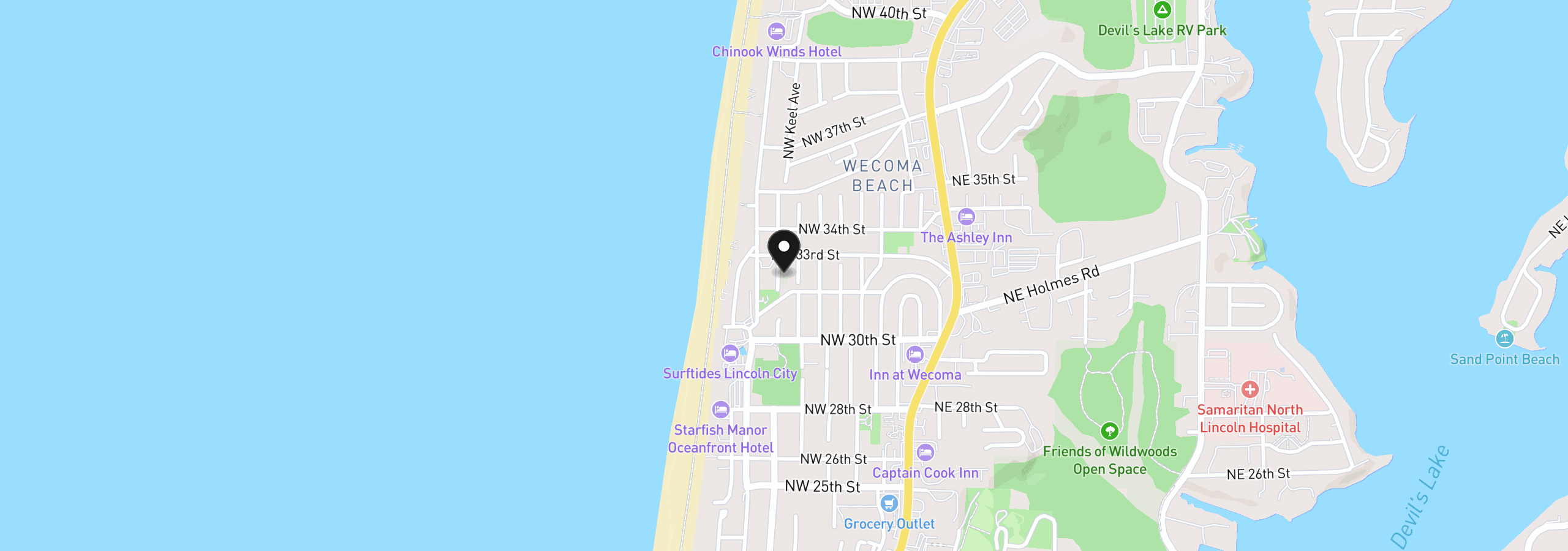 Map showing the location of 3236 NW Keel Ave, Lincoln City, OR 97367