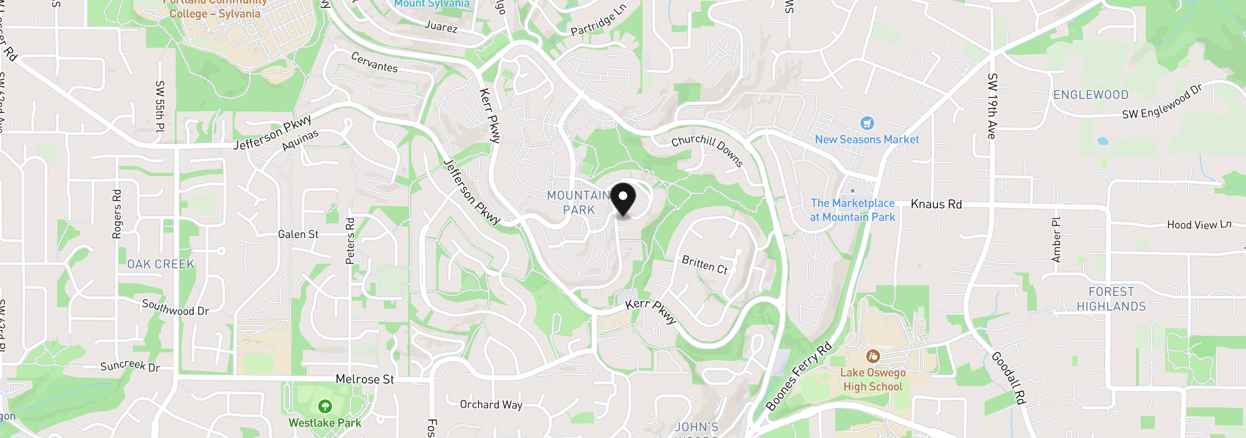 Map showing the location of 28 Monticello Dr, Lake Oswego, OR 97035