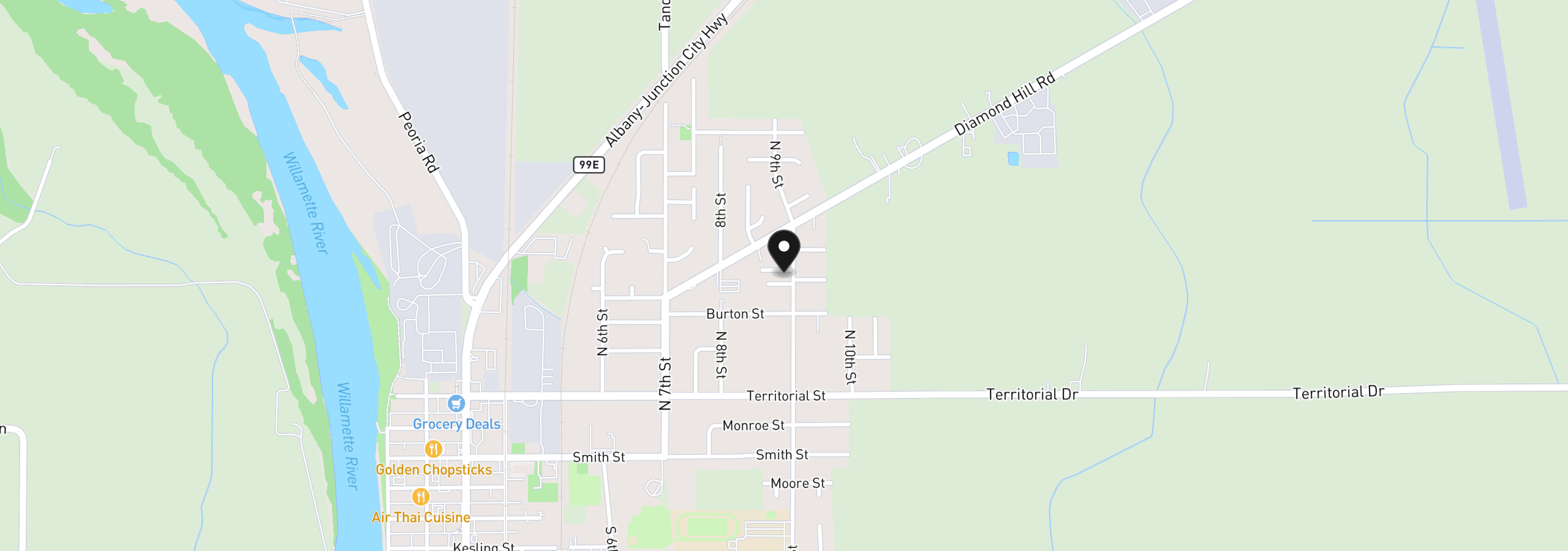 Map showing the location of 575 N 9th St, Harrisburg, OR 97446
