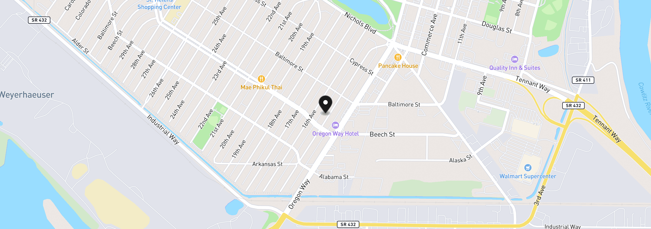 Map showing the location of 427 15th Ave, Longview, Wa 98632