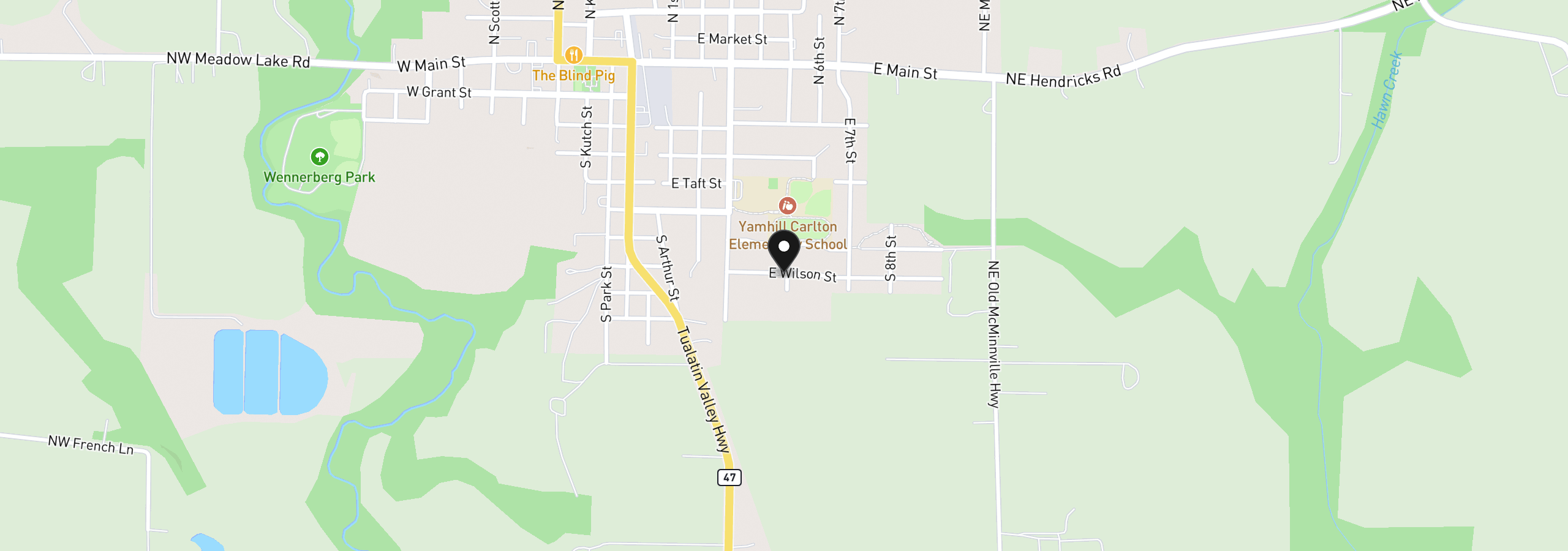 Map showing the location of 486 E Wilson St, Carlton, OR 97111