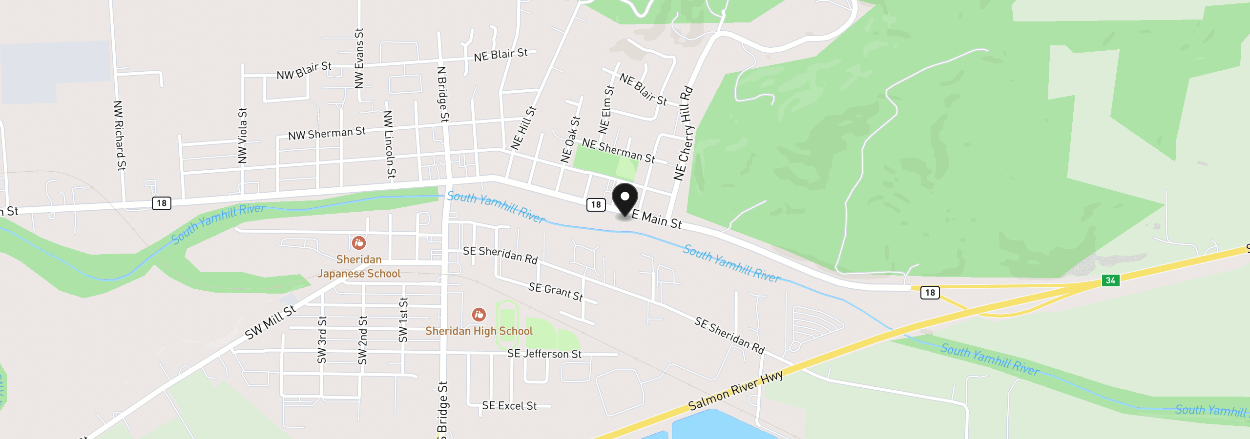 Map showing the location of 730 E Main St, Sheridan, OR 97378