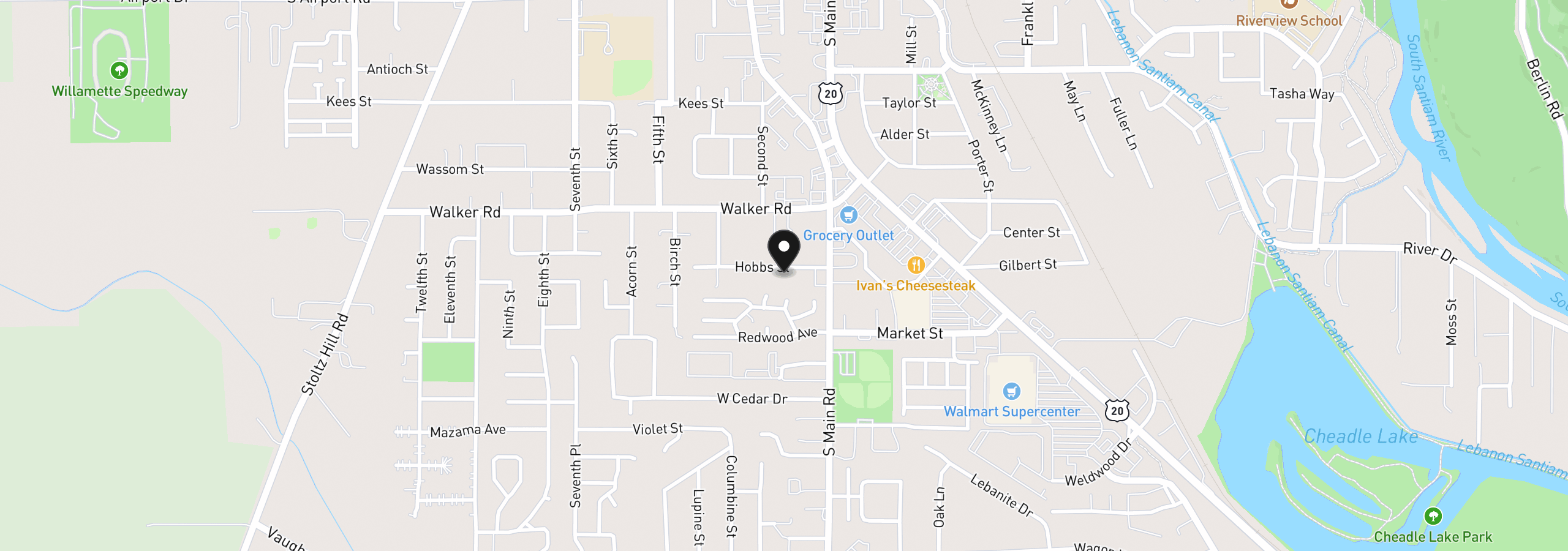 Map showing the location of 110 Hobbs St, Lebanon, OR 97355