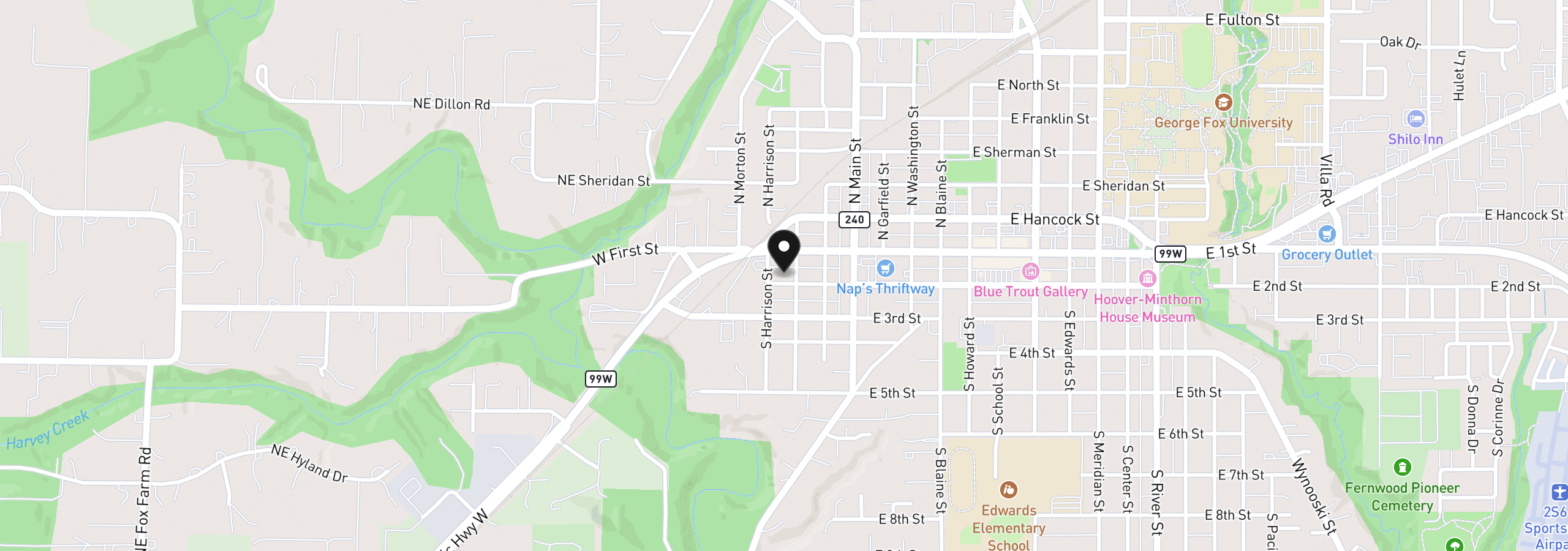 Map showing the location of 307 W 2nd St, Newberg, OR 97132