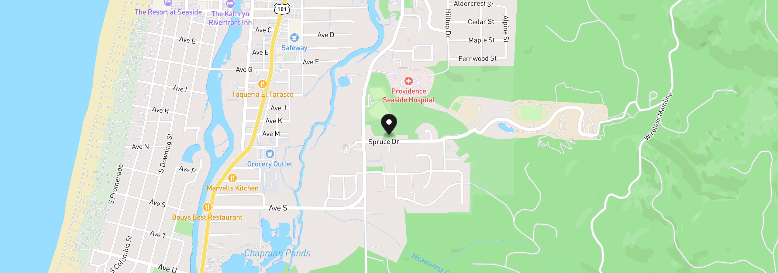 Map showing the location of Spruce Dr, Seaside, OR 97138