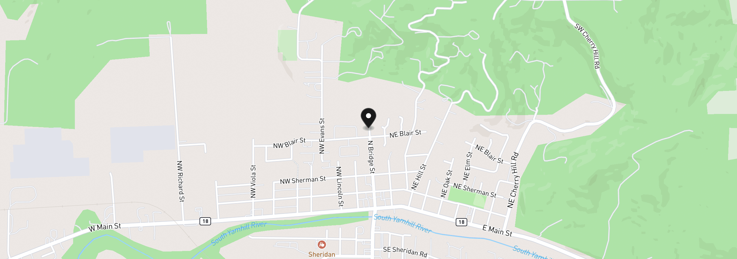 Map showing the location of 400 N Bridge St, Sheridan, OR 97378