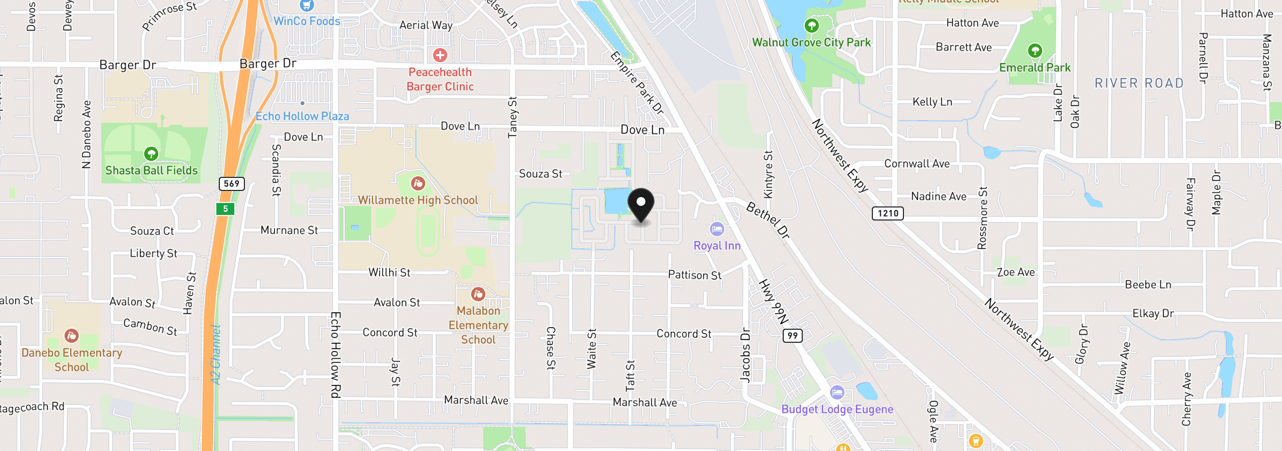 Map showing the location of 1800 Lakewood Ct 36, Eugene, OR 97402