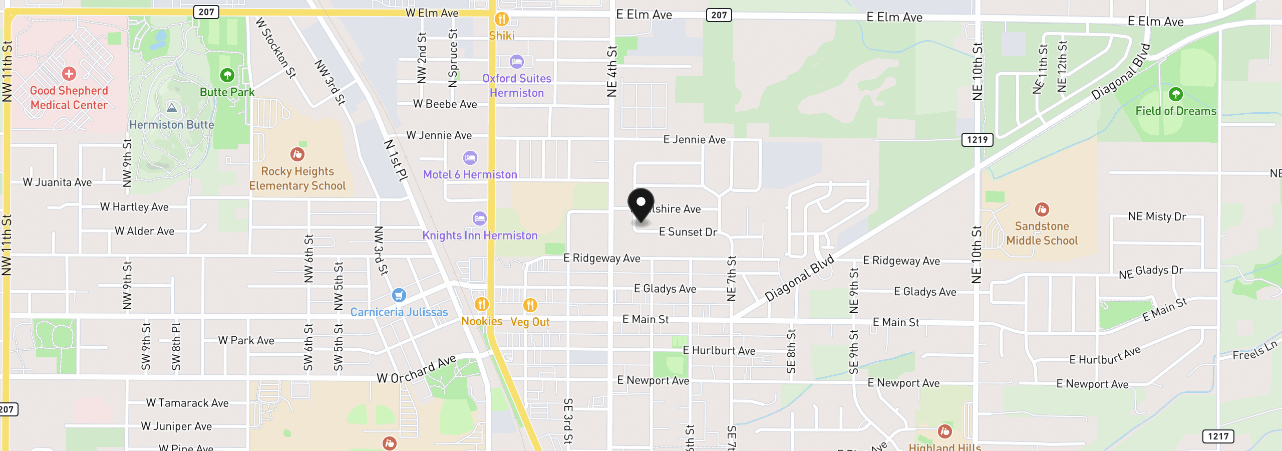 Map showing the location of 455 E Sunset Dr, Hermiston, OR 97838