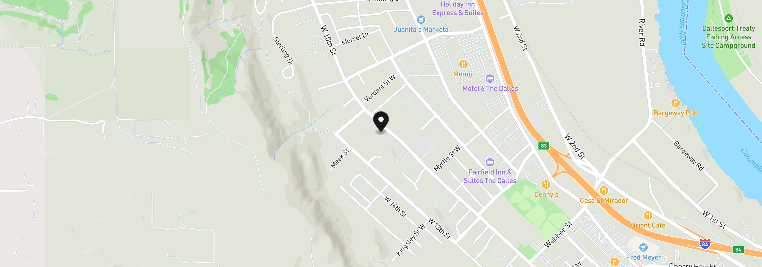 Map showing the location of 2514 W 10th St, The Dalles, OR 97058