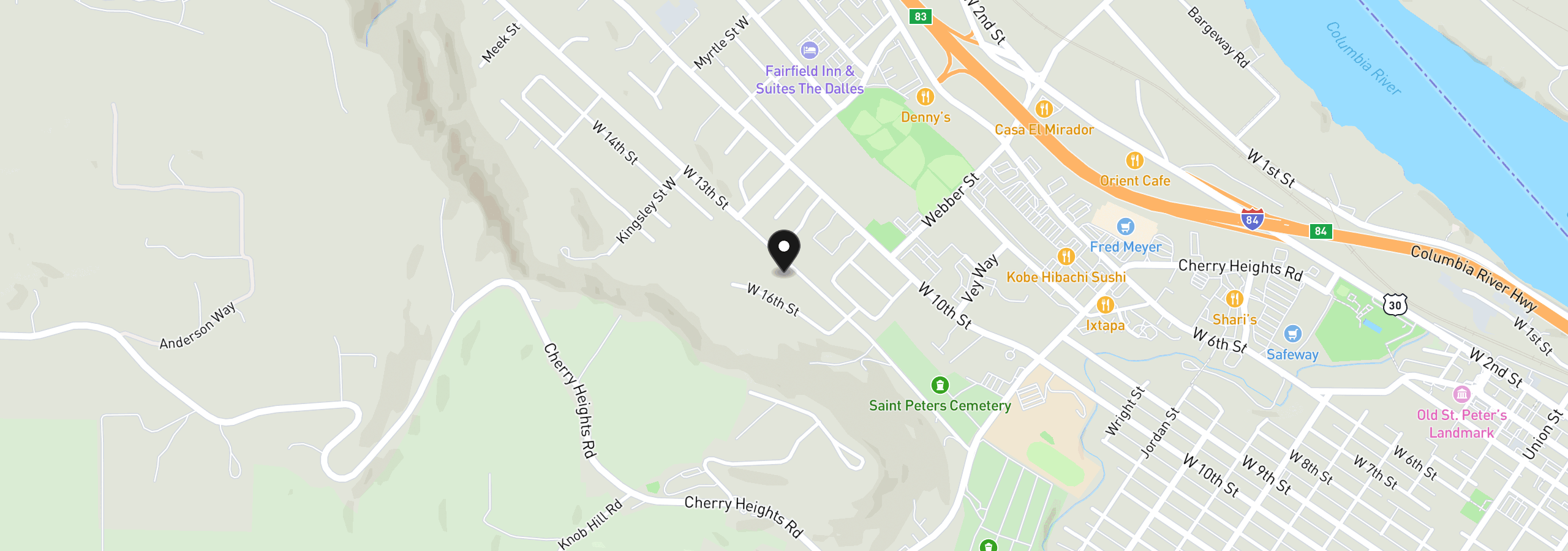 Map showing the location of 1716 W 13th St, The Dalles, OR 97058