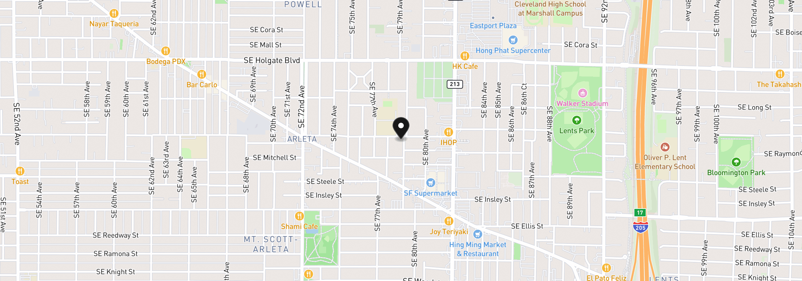 Map showing the location of 7840 SE Raymond St, Portland, OR 97206