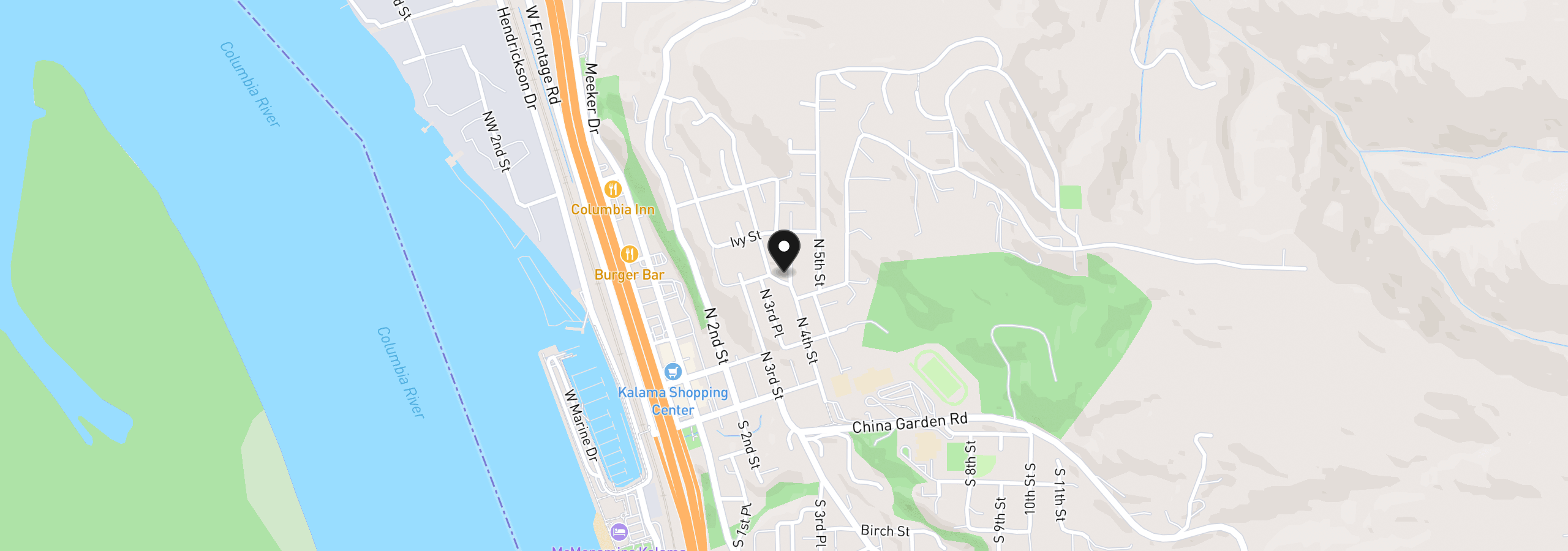 Map showing the location of 414 N 3rd Pl, Kalama, Wa 98625