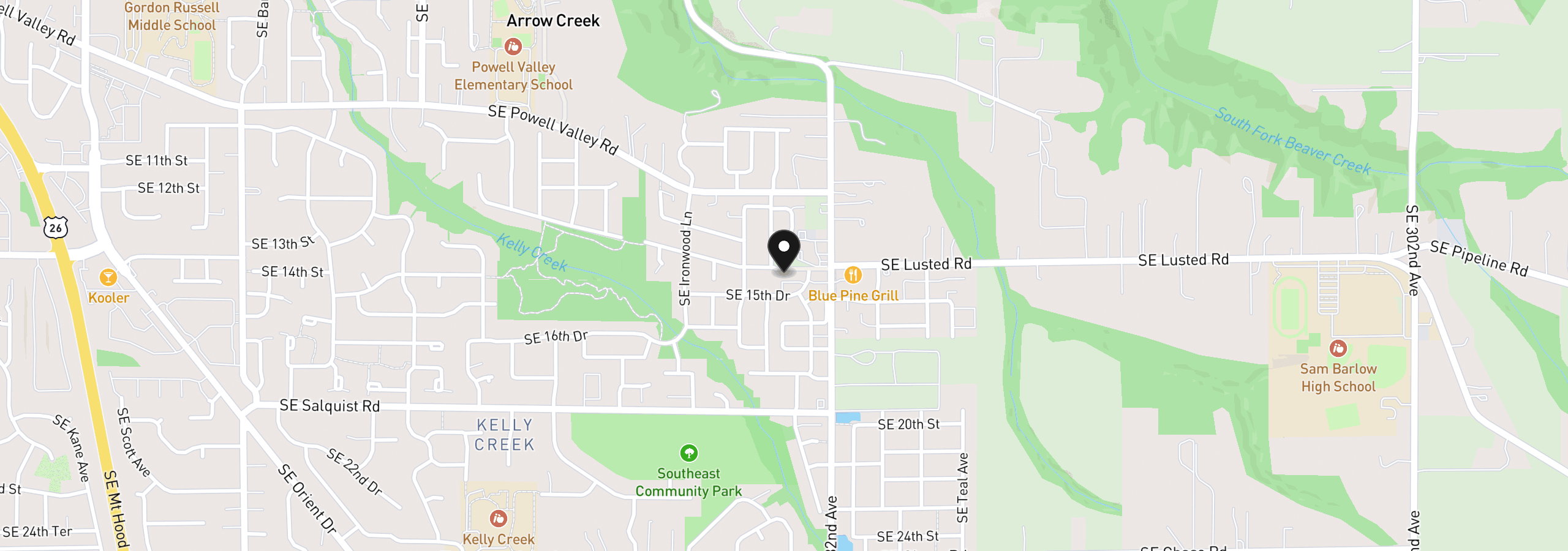 Map showing the location of 5832 SE Woodland Dr, Gresham, OR 97080
