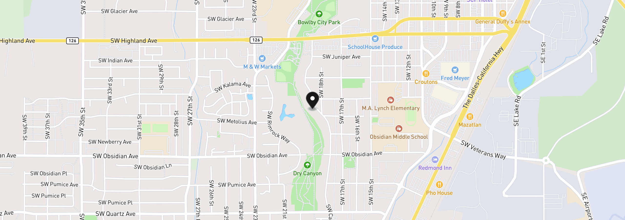 Map showing the location of 1233 SW Canyon Dr, Redmond, OR 97756