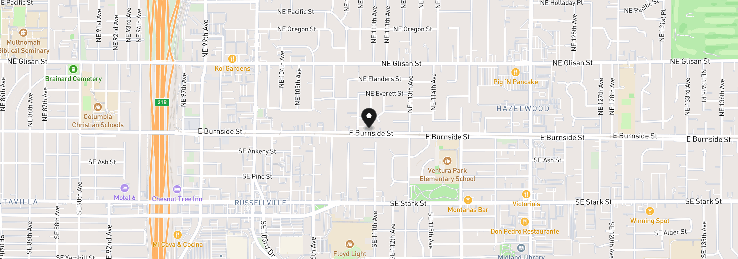 Map showing the location of 10985 E Burnside St 4, Portland, OR 97216