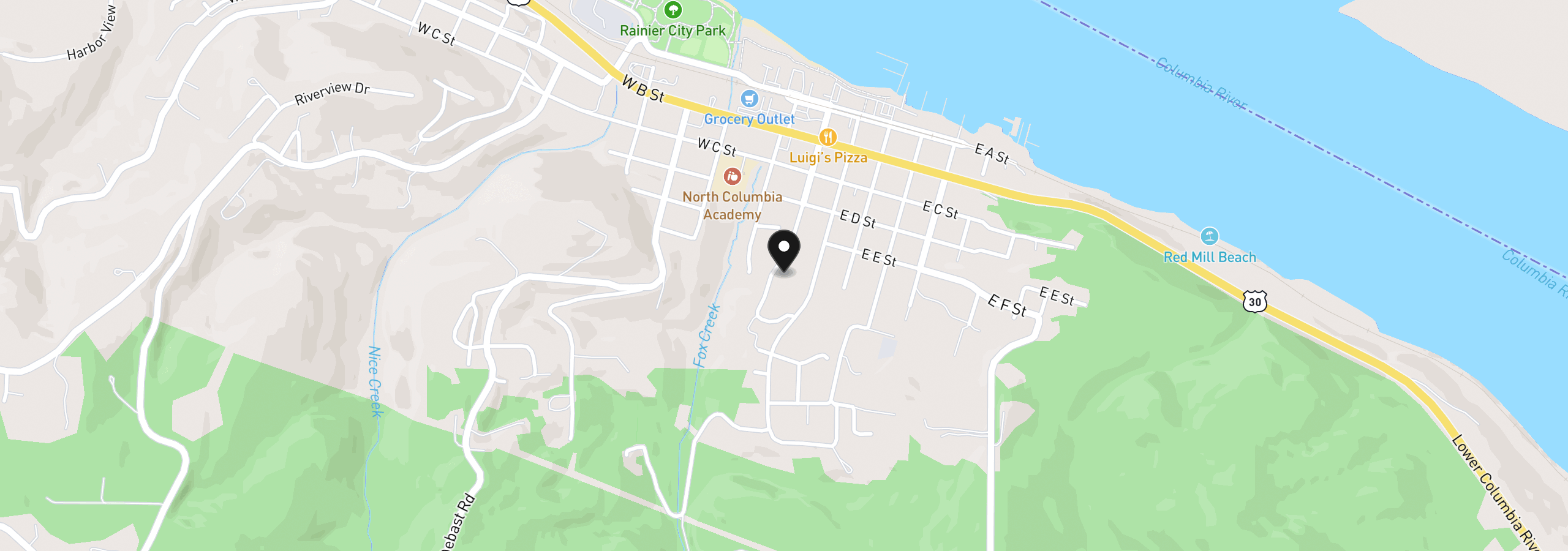 Map showing the location of E 2nd to W 1st St, Rainier, OR 97048