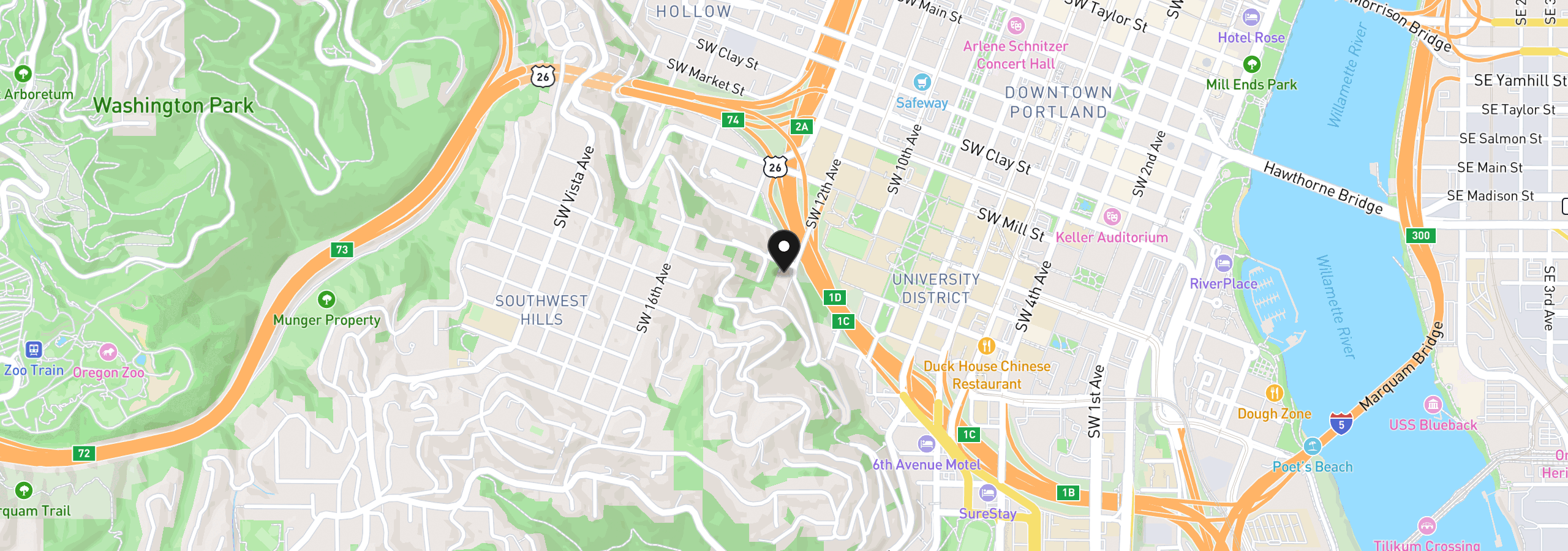 Map showing the location of 1205 SW Cardinell Dr 202, Portland, OR 97201