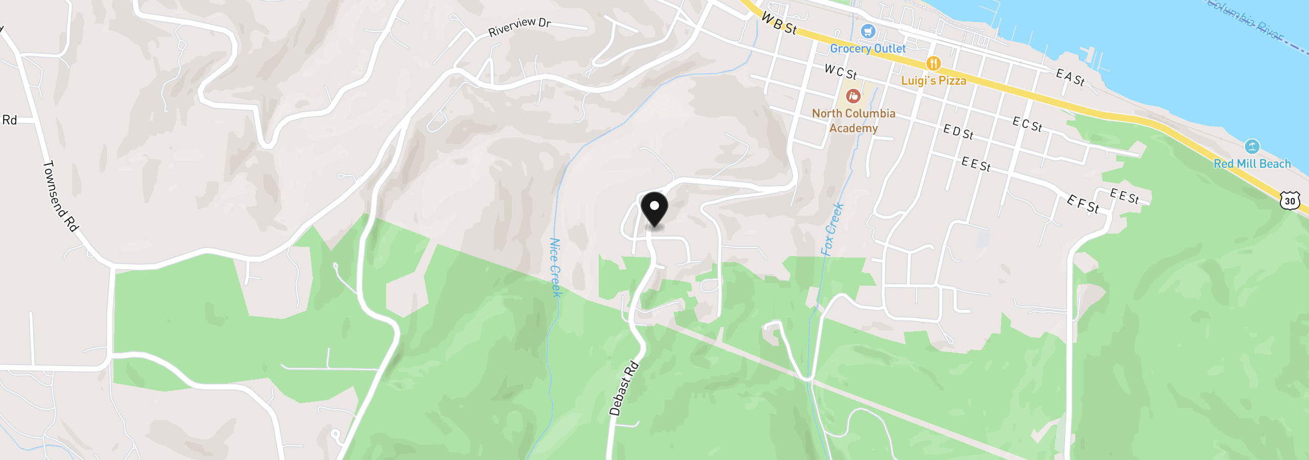Map showing the location of 75054 Debast Rd, Rainier, OR 97048
