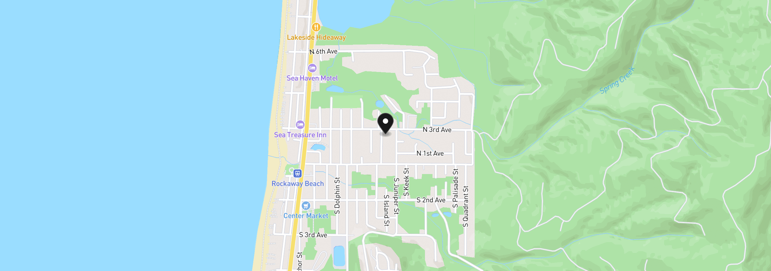 Map showing the location of 250 N Harbor St, Rockaway Beach, OR 97136
