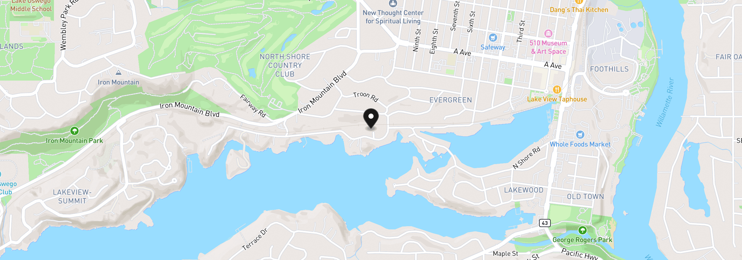 Map showing the location of 1053 Northshore Pl, Lake Oswego, OR 97034