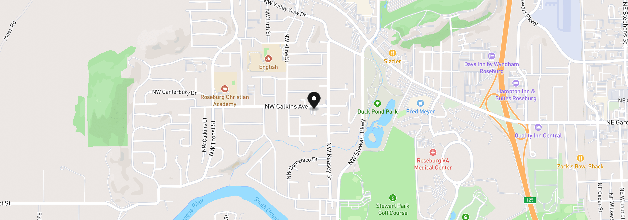 Map showing the location of 1589 NW Calkins Ave, Roseburg, OR 97471