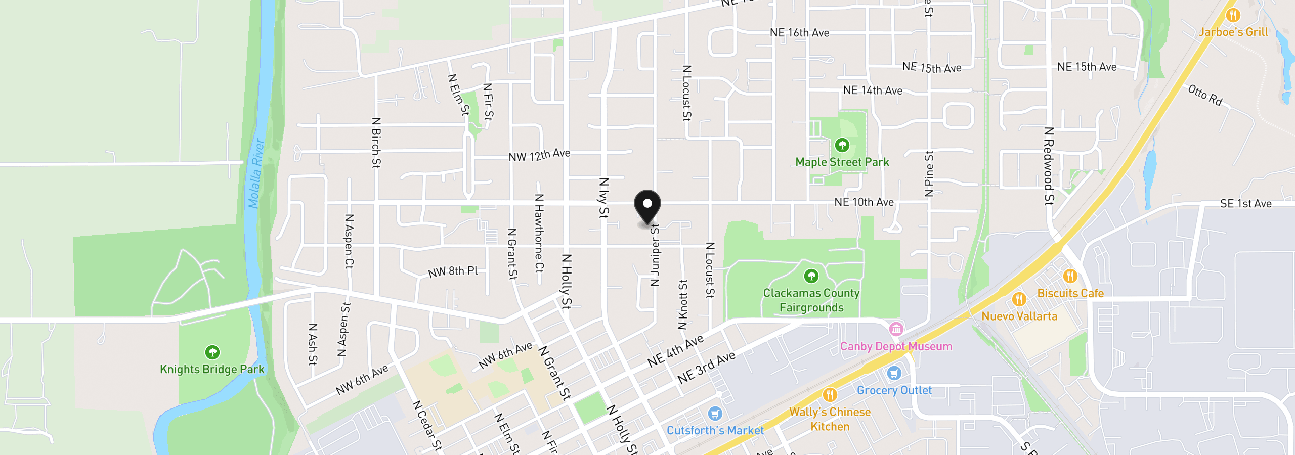 Map showing the location of 945 N Juniper St, Canby, OR 97013