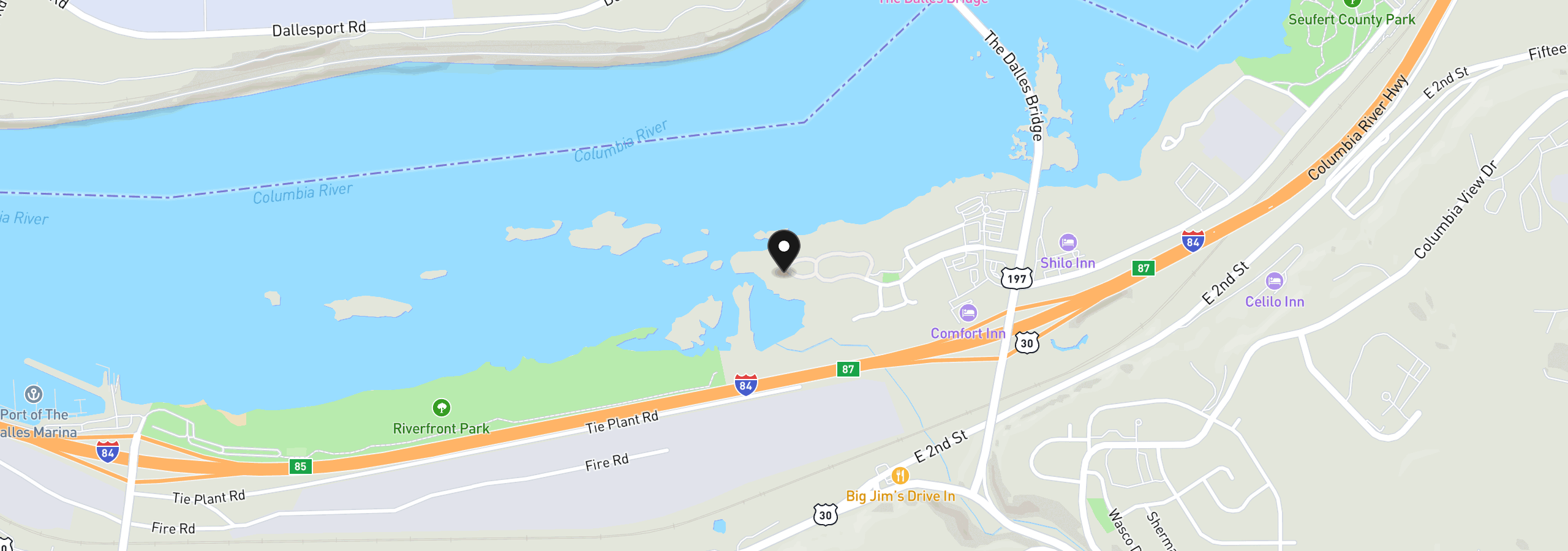 Map showing the location of 122 Southshore Ln, The Dalles, OR 97058