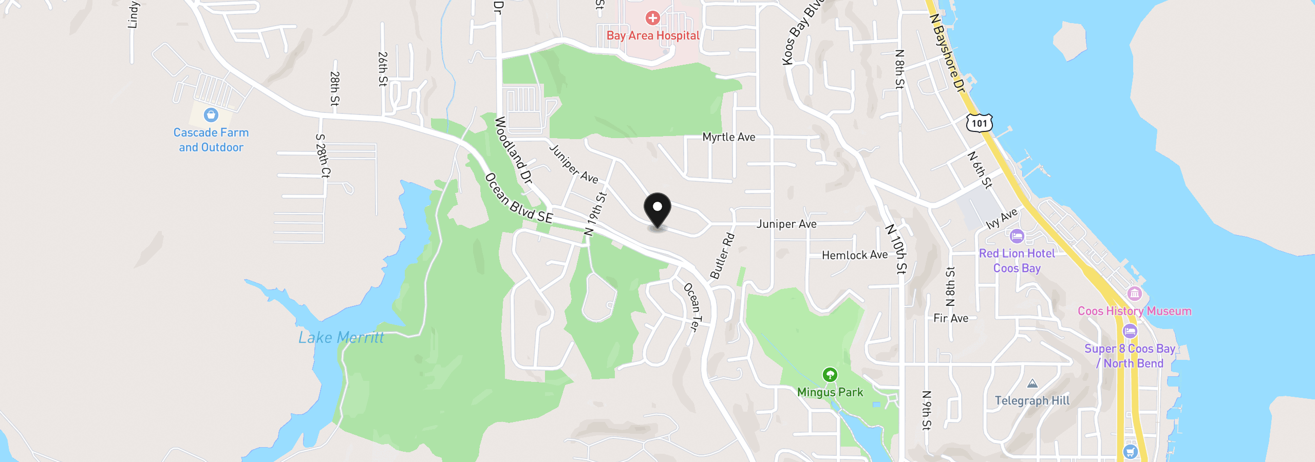 Map showing the location of 1749 Juniper Ave, Coos Bay, OR 97420