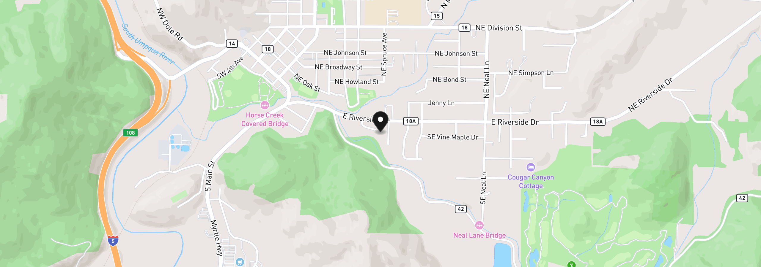 Map showing the location of 480 SE Woody Ct, Myrtle Creek, OR 97457
