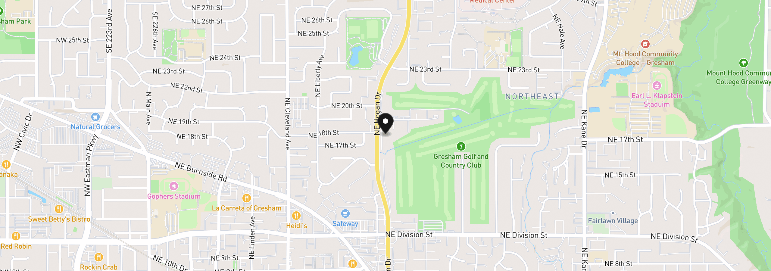 Map showing the location of 1802 NE Hogan Dr, Gresham, OR 97030