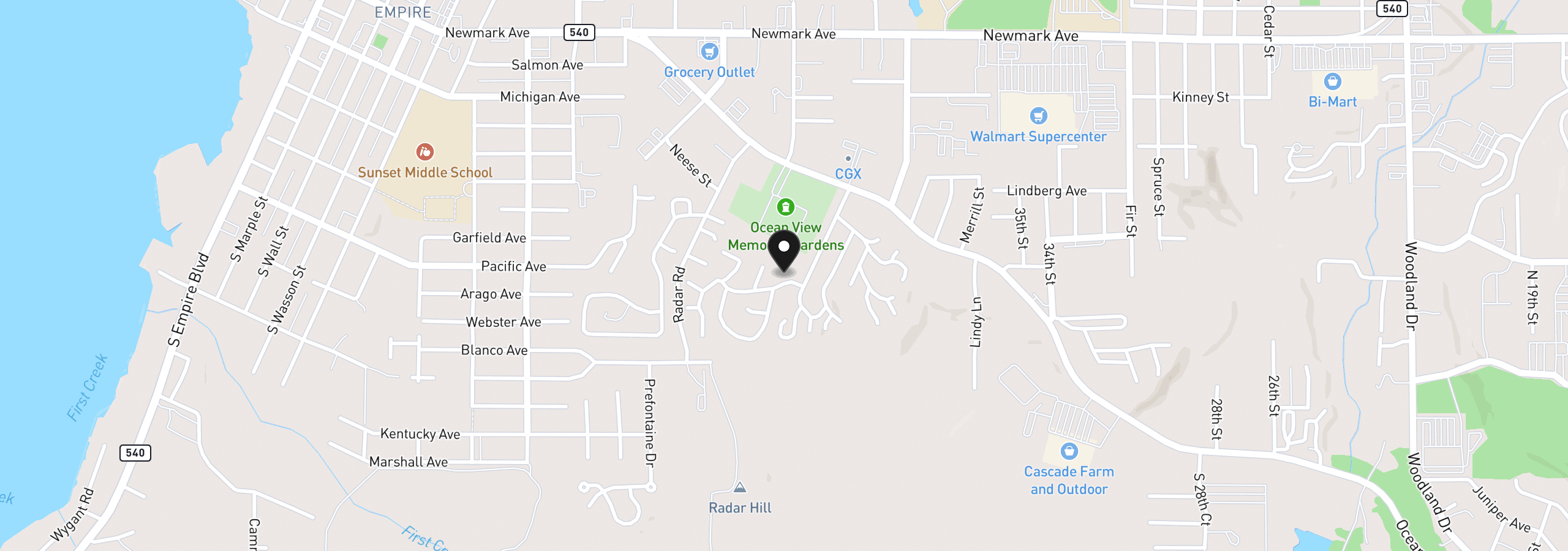 Map showing the location of 1520 Village Pines Ave, Coos Bay, OR 97420