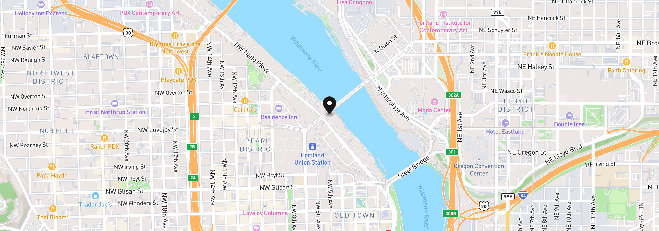 Map showing the location of 1040 NW Naito Pkwy O-9, Portland, OR 97209