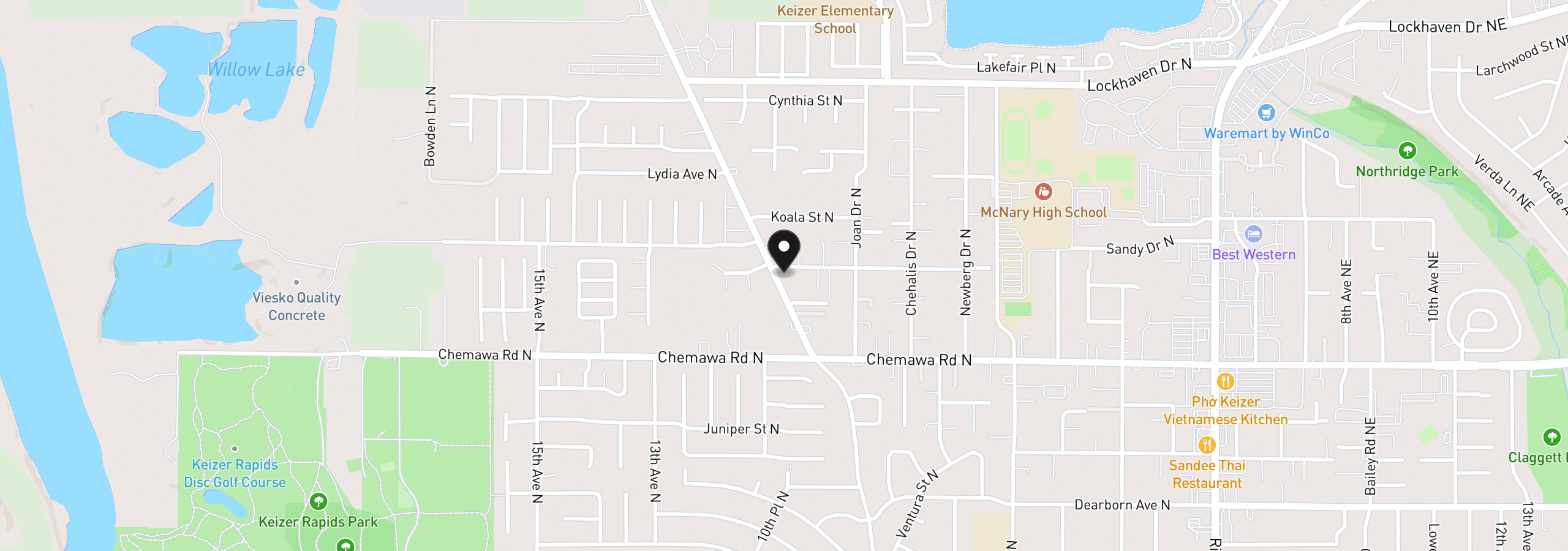 Map showing the location of 5090 Windsor Island Rd N, Keizer, OR 97303