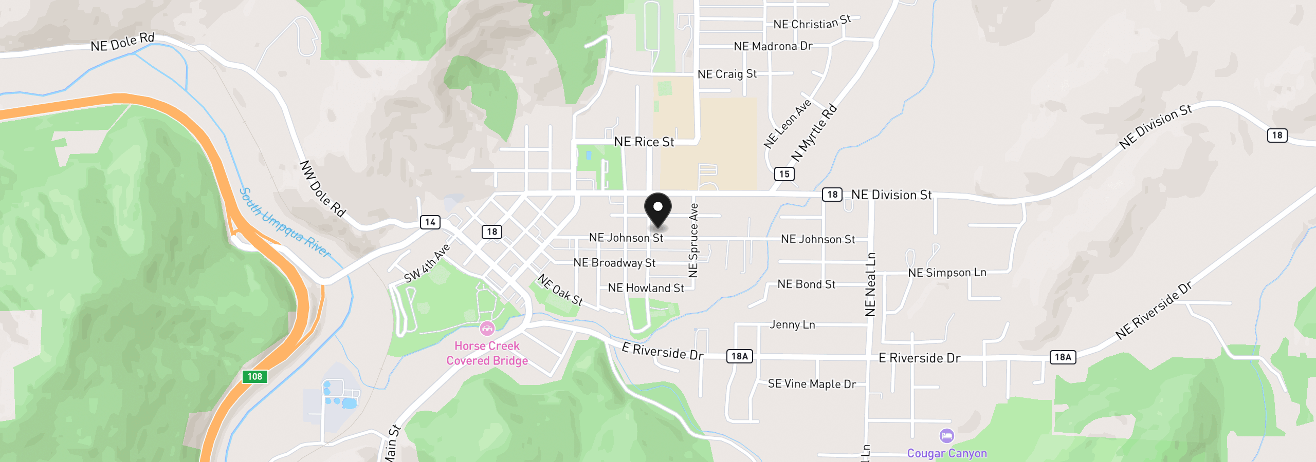 Map showing the location of 413 NE Johnson St, Myrtle Creek, OR 97457