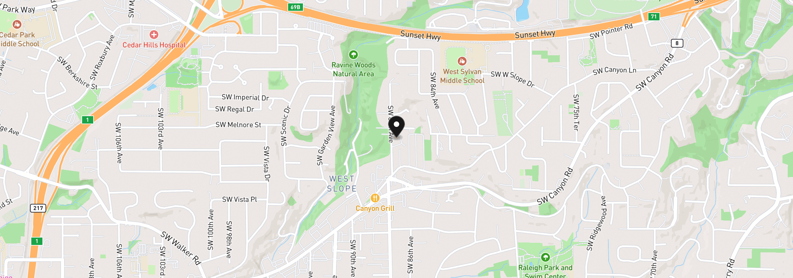 Map showing the location of 2680 SW 87th Ave 3, Portland, OR 97225