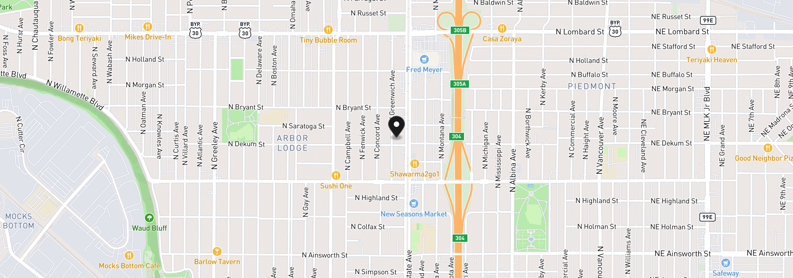 Map showing the location of 6810 N Greenwich Ave, Portland, OR 97217