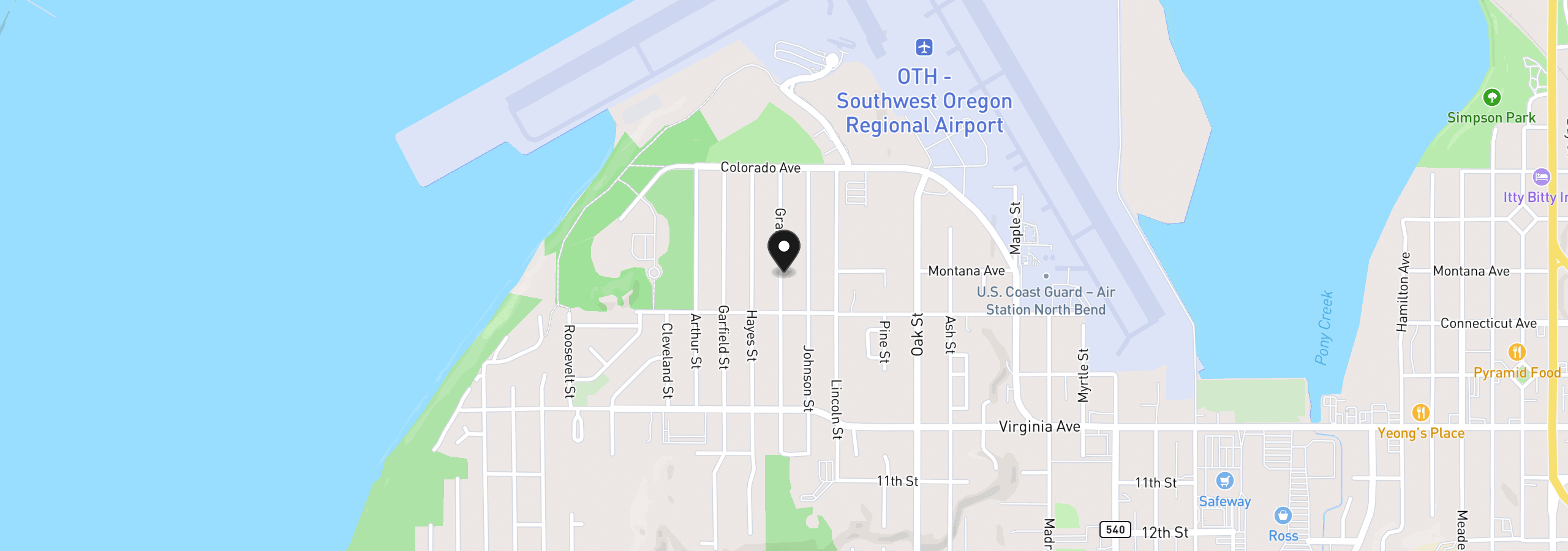 Map showing the location of 1691 Grant St, North Bend, OR 97459