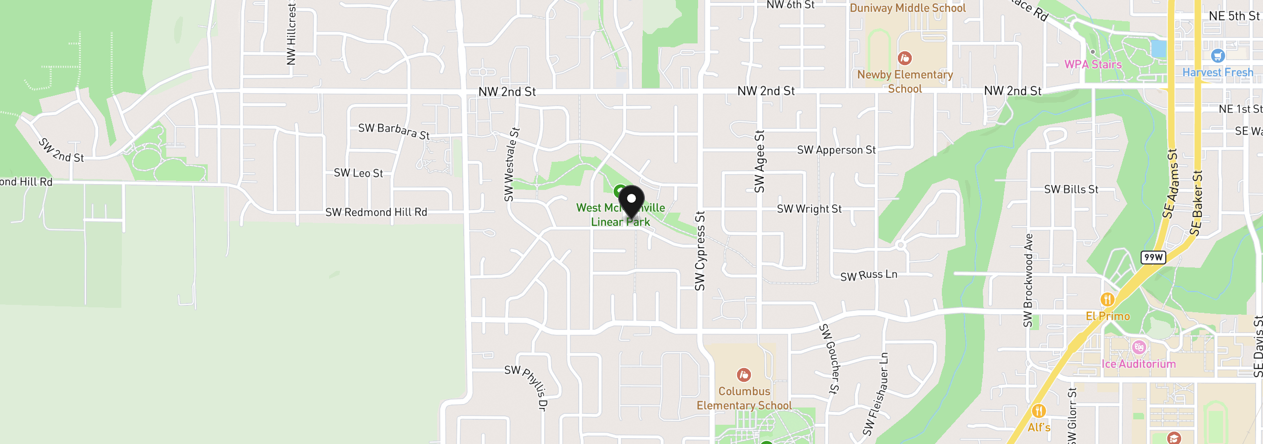 Map showing the location of 1801 SW Tamarack St, McMinnville, OR 97128