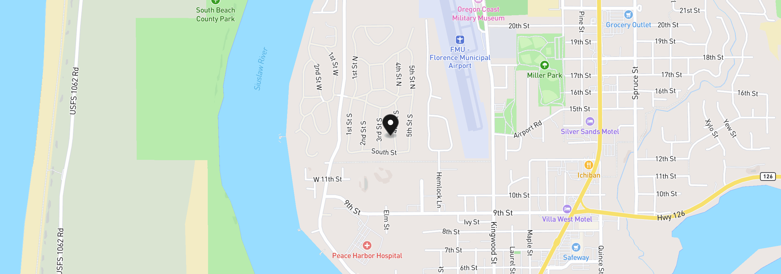 Map showing the location of 1600 Rhododendron Dr 113, Florence, OR 97439