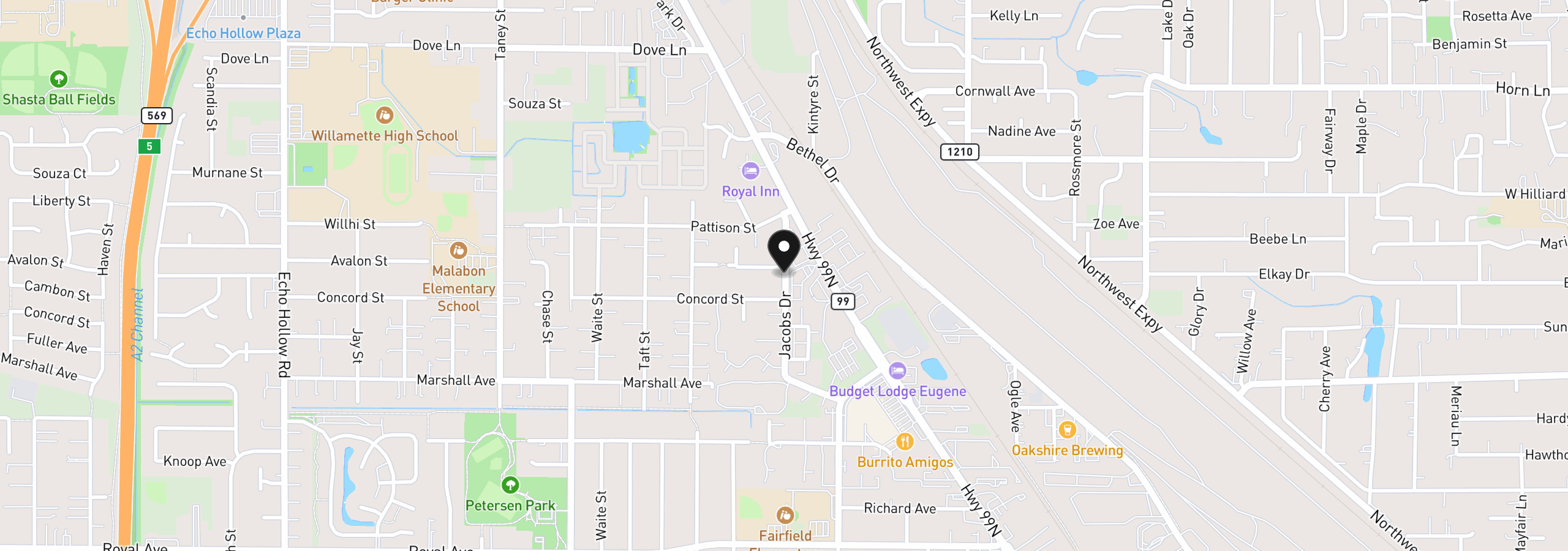 Map showing the location of 1384 Jacobs Dr, Eugene, OR 97402