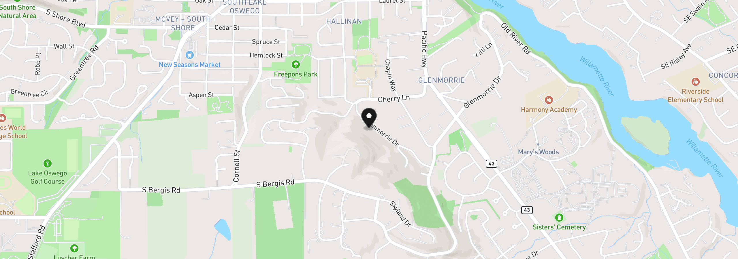 Map showing the location of 1322 Glenmorrie Dr, Lake Oswego, OR 97034