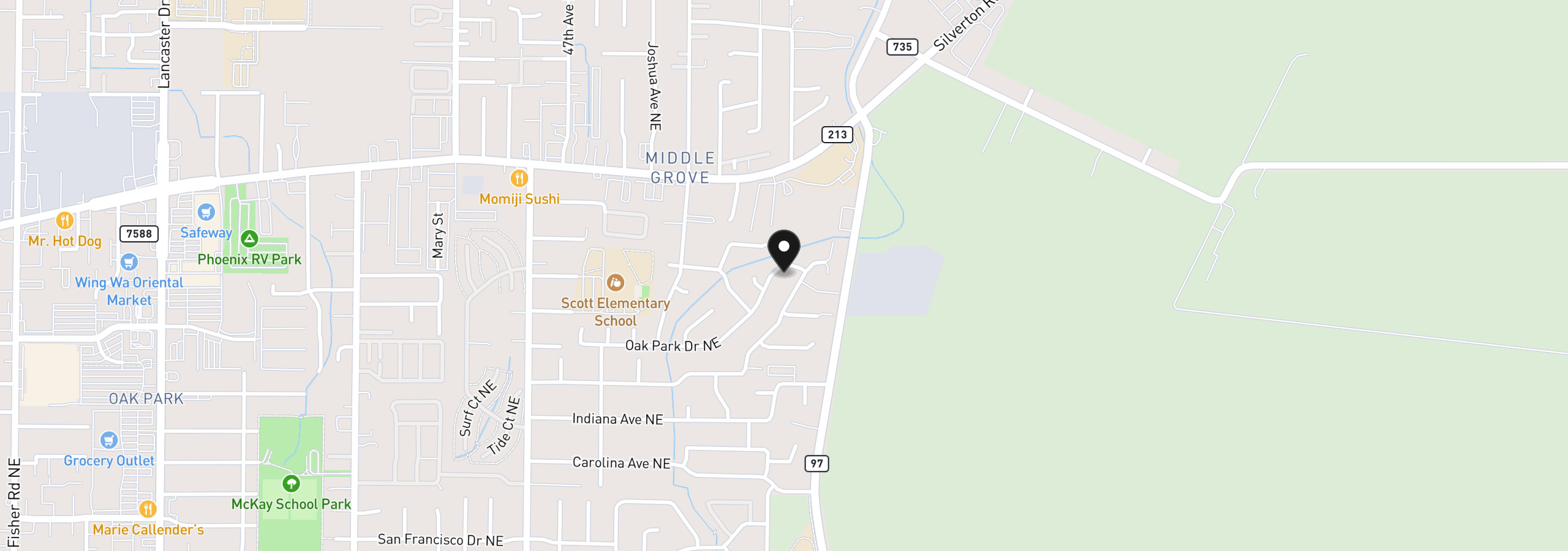 Map showing the location of 4942 NE Oak Park Dr, Salem, OR 97305