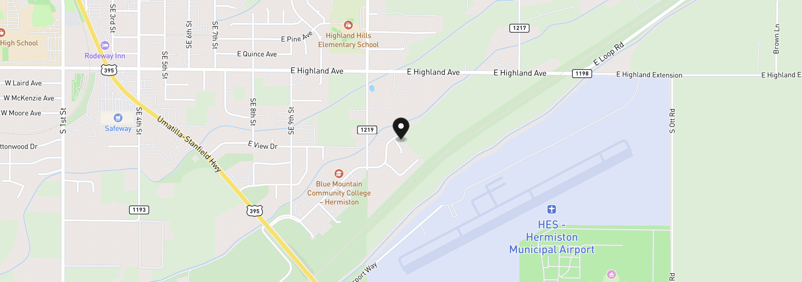 Map showing the location of 1073 SE Alexander Ct, Hermiston, OR 97838