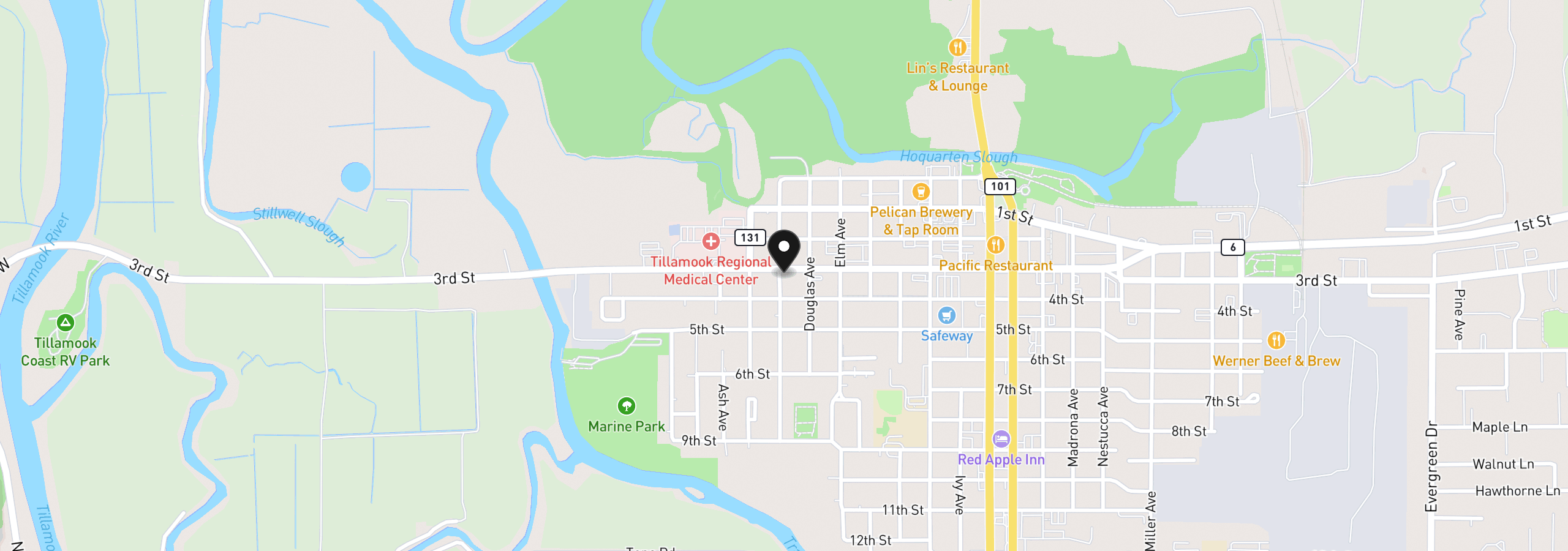 Map showing the location of 1303 3rd St, Tillamook, OR 97141