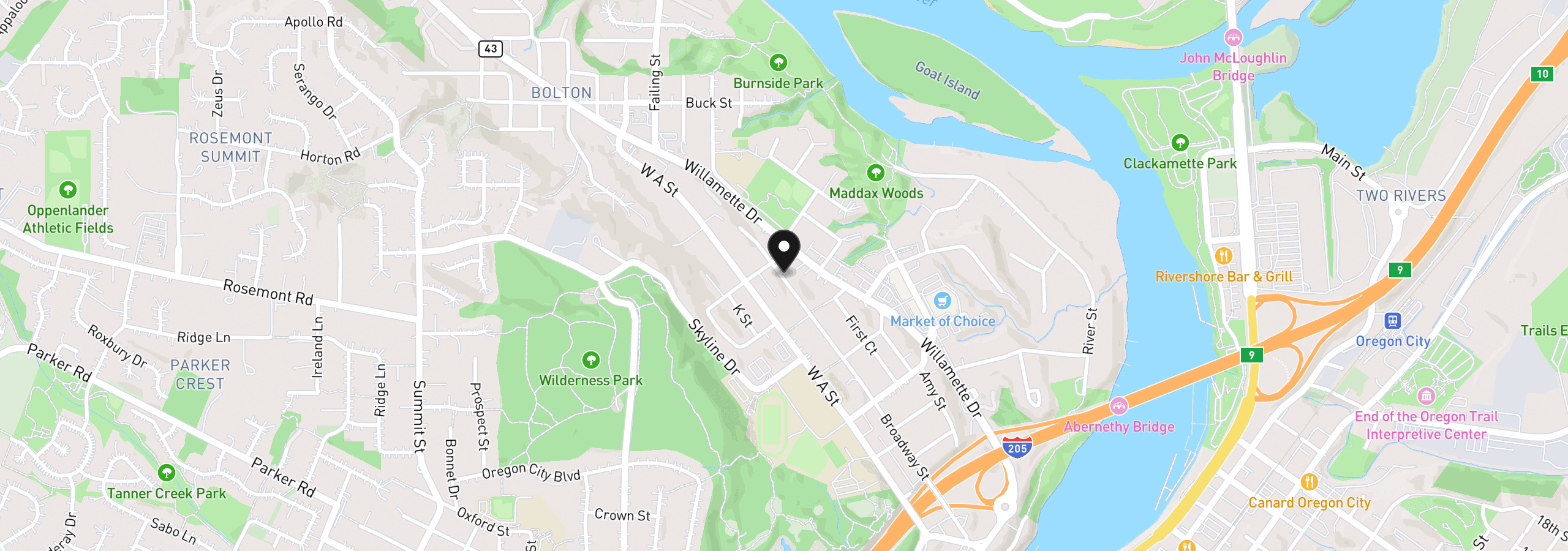 Map showing the location of Broadway, West Linn, OR 97068