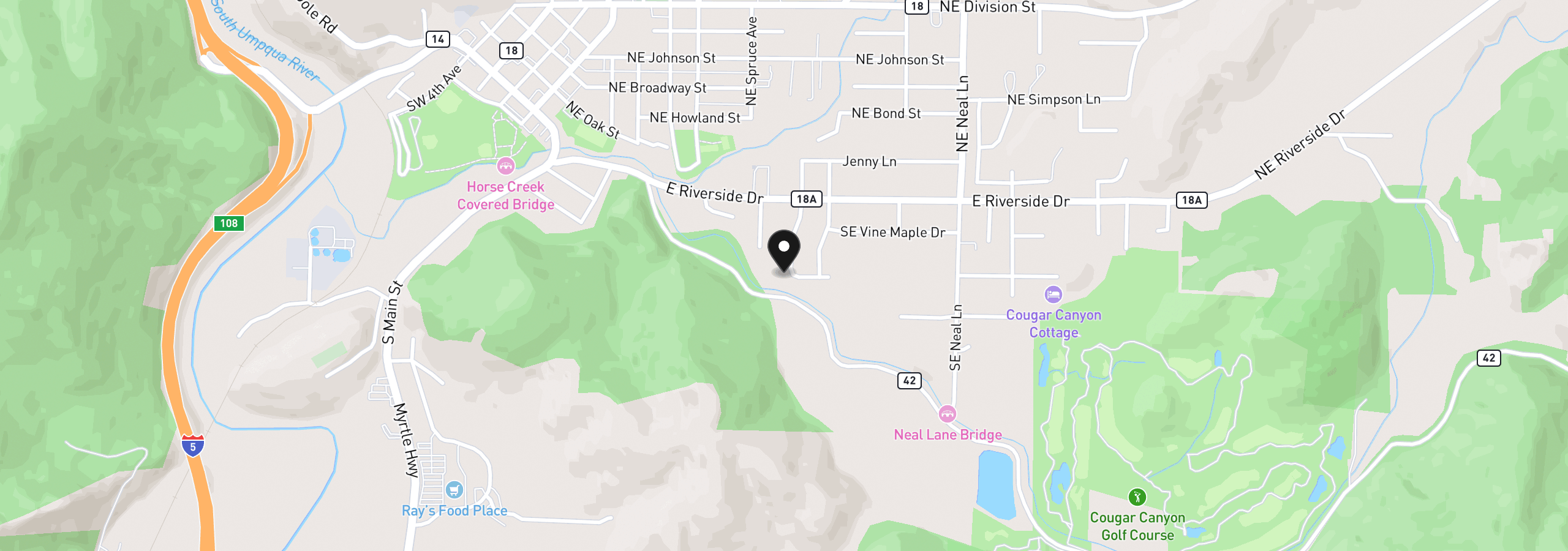 Map showing the location of 270 SE Wildwood Way, Myrtle Creek, OR 97457