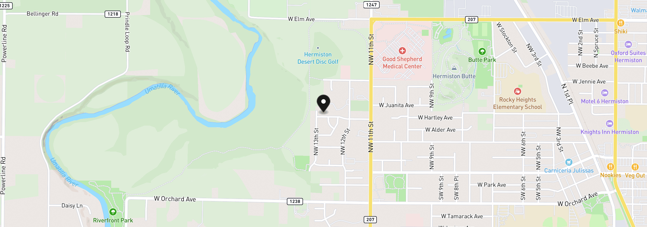 Map showing the location of 1270 W Hartley Ave, Hermiston, OR 97838