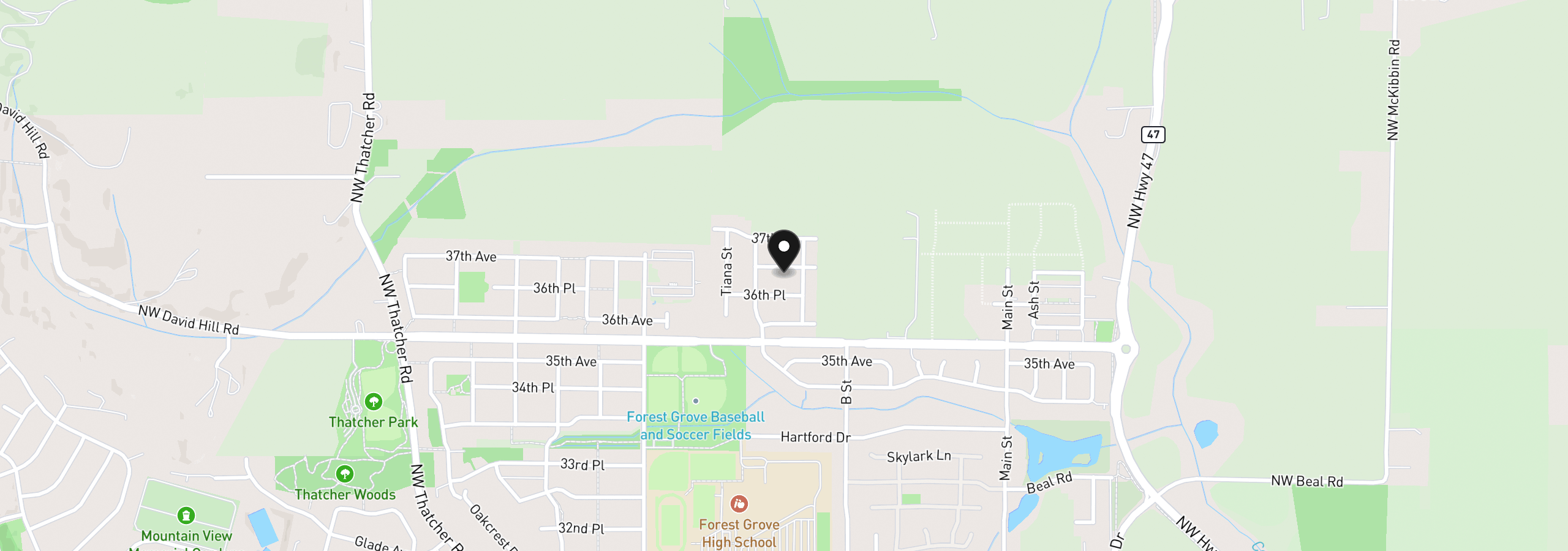 Map showing the location of 1644 37th Ave, Forest Grove, OR 97116