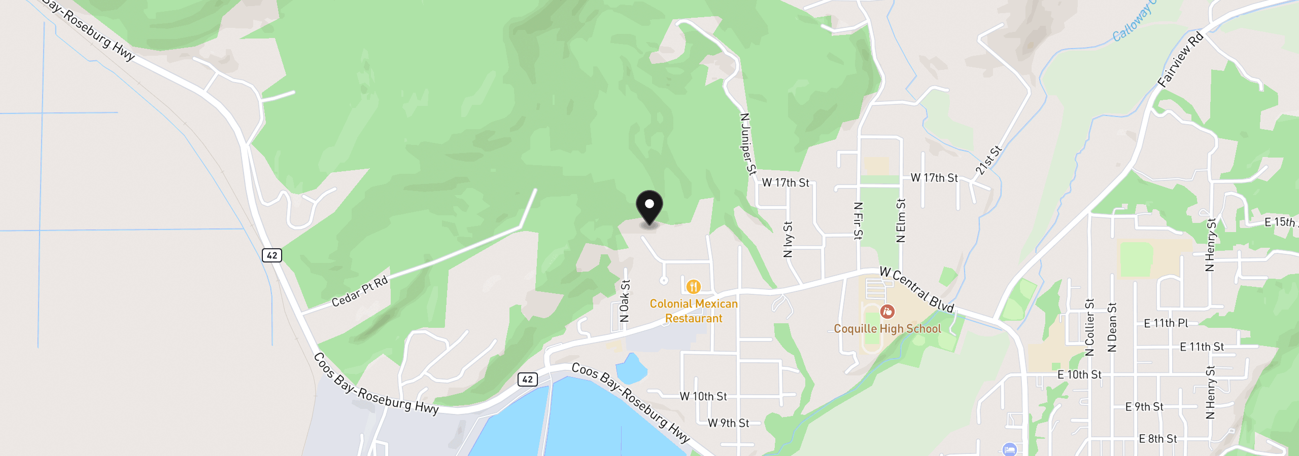 Map showing the location of 1476 W 14th Pl, Coquille, OR 97423